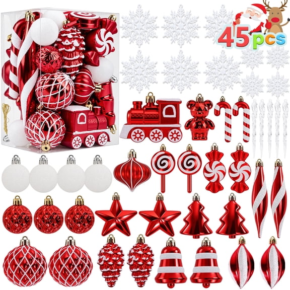 Ayieyill 45ct Shatterproof Christmas Tree Ornaments Sets, Plastic Christmas Balls Ornaments with Hanging Strings for Christmas Decorations(Red White)