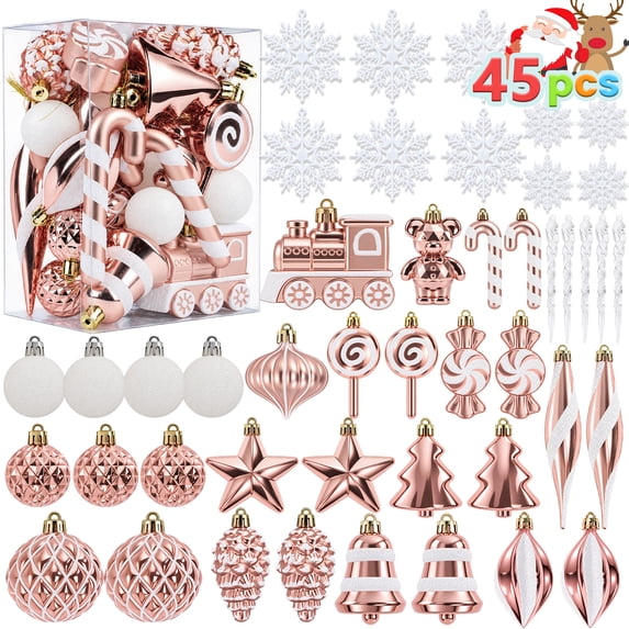 Ayieyill 45ct Shatterproof Christmas Tree Ornaments Sets, Plastic Christmas Balls Ornaments with Hanging Strings for Christmas Decorations(Rose Gold)