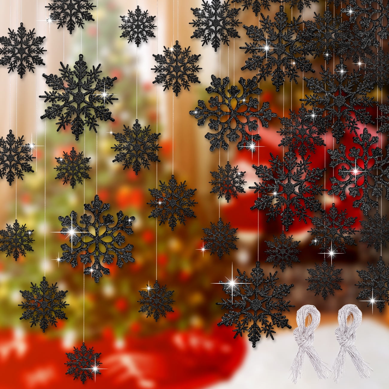 Ayieyill 46pcs Christmas Tree Decoration Snowflake Ornaments - Black Glitter Christmas Snowflake Tree Stocking Snowman Reindeer Santa Hanging Ornaments