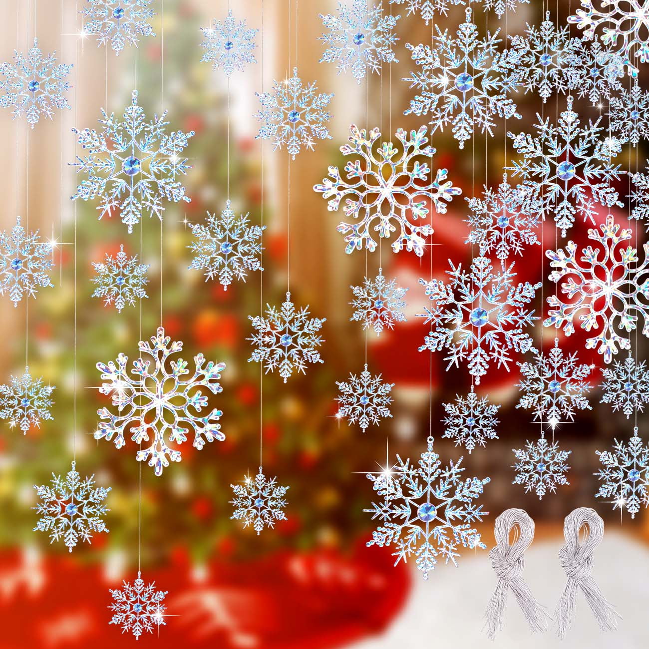 Ayieyill 46pcs Christmas Tree Decoration Snowflake Ornaments -Glitter Christmas Snowflake Hanging Ornaments Christmas Tree Ornaments