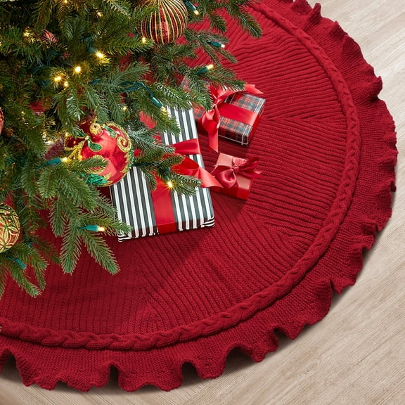 Ayieyill 48 inches Red Christmas Tree Skirt, Knitted Thick Rustic Xmas Tree Skirt Christmas Decorations Indoor for Holiday Christmas Party Decorations (Wave Red)