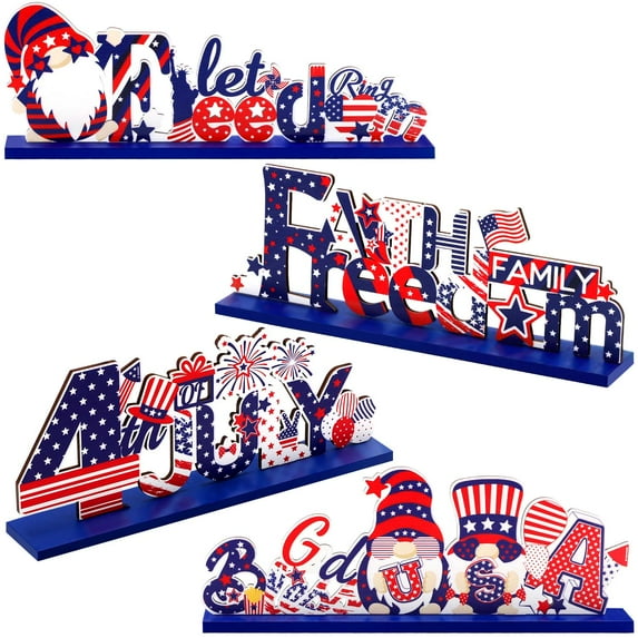 Ayieyill 4th of July Decor Table Decoration, 4 Pcs Wooden Independence Day Party Decor 4th of July Party Supplies Patriotic Fourth of July Decorations for House School Classroom