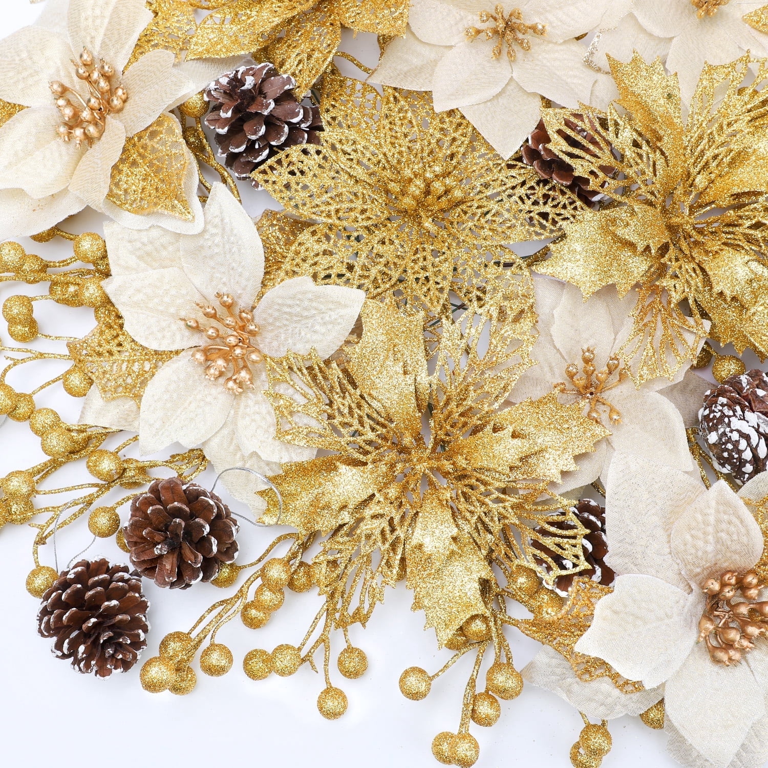 Ayieyill 56Pcs  Poinsettia Christmas Flowers Decorations Christmas flower ornaments Artificial Glitter Berry Stems Christmas Pine Cones Christmas Tree Ornaments Set Christmas Tree Decorations (Gold)