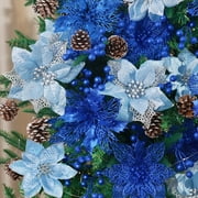 Ayieyill 56Pcs Poinsettia Christmas Flowers Decorations Christmas flower ornaments Artificial Glitter Berry Stems Christmas Pine Cones Christmas Tree Ornaments Set Christmas Tree Decorations (Blue)