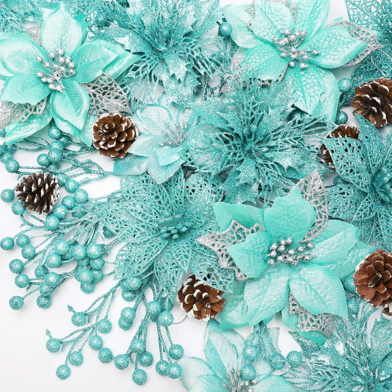 Turquoise Gold Flowers, Flower Picks, Garland Flowers, Christmas Ornaments,  Wedding Decorations, Fabric Roses 