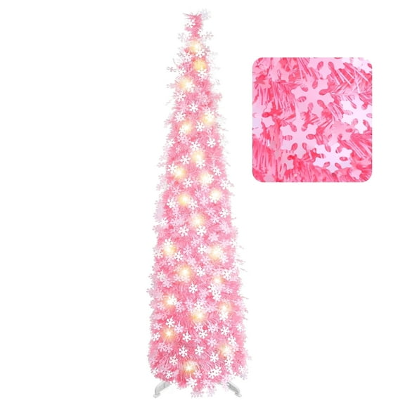 Ayieyill 5FT Pop up Christmas Tree with Lights, Pink Tinsel Christmas Tree with Snowflake Ornaments for Holiday Christmas Decorations, Collapsible Christmas Tree (Pink)