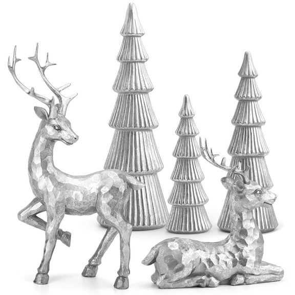 Ayieyill 5PCS Tree and Reindeer Decortion, Christmas Tree Reindeer Figurines, Christmas Decortion Indoor (Bright Silver)