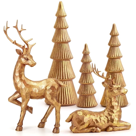 Ayieyill 5PCS Tree and Reindeer Decoration, Christmas Tree Reindeer Figurines, Christmas Decortion Indoor (Rose Gold)