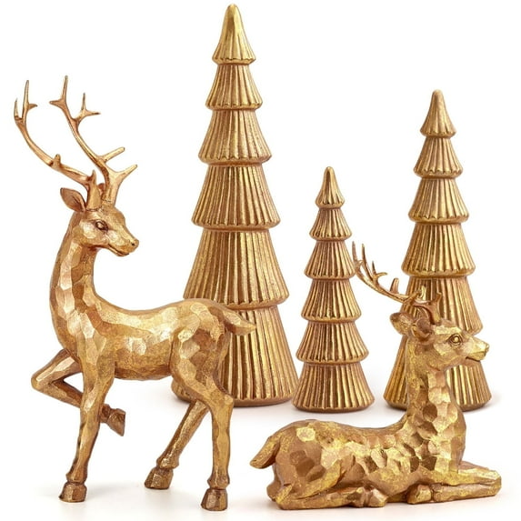 Ayieyill 5PCS Tree and Reindeer Decortion, Christmas Tree Reindeer Figurines, Christmas Decortion Indoor (Rose Gold)