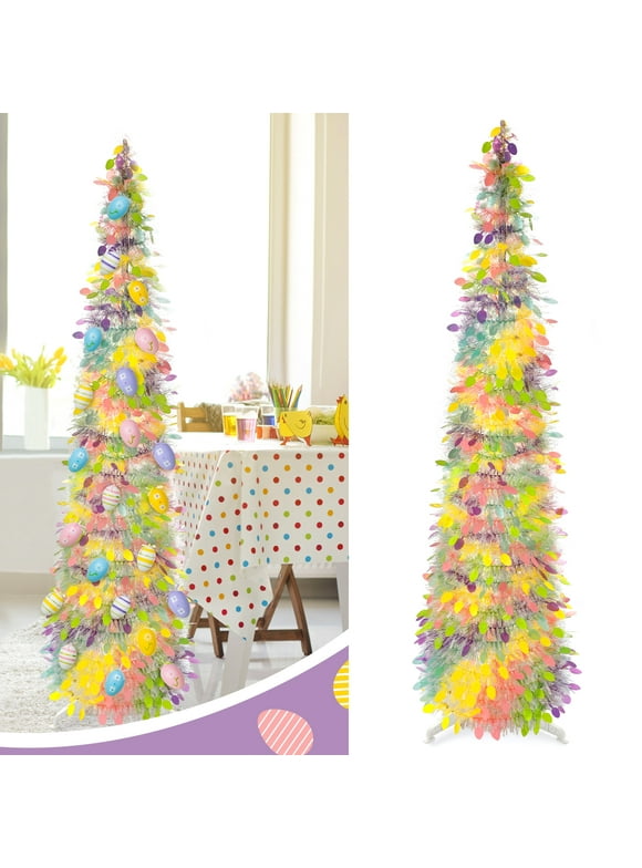 Ayieyill 5ft Easter Tree Decorations,Tinsel Easter Trees Pop up Artificial Pencil Trees, Collapsible Easter Christmas Trees for Easter Party Decorations (Eggs Not included)