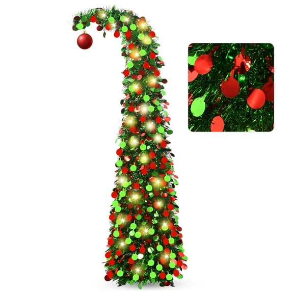 Ayieyill 5ft Pencil Christmas Tree, Collapsible Xmas Tree with Lights, Pop Up Tinsel Tree for Christmas Decorations Indoor, Red Green