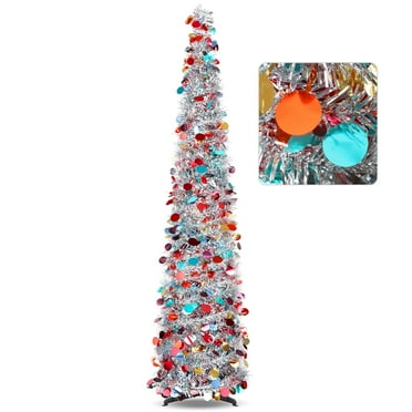 Ayieyill 5ft Pop up Tree Christmas Tree,Color Artificial Pencil Tinsel Xmas Trees for Christmas Indoor Decorations Mothers Day Decorations, Collapsible Christmas Tree (Silver)