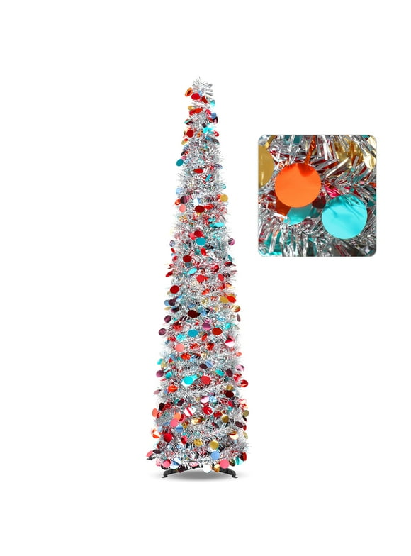 Ayieyill 5ft Pop up Tree Christmas Tree,Color Artificial Pencil Tinsel Xmas Trees for Christmas Indoor Decorations Mothers Day Decorations, Collapsible Christmas Tree (Silver)