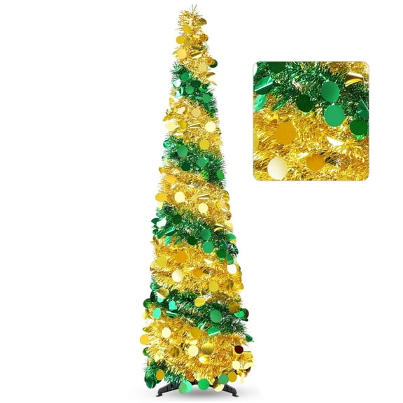 Ayieyill 5ft Pop up Collapsible Christmas Tree, Color Artificial Pencil Tinsel Xmas Trees for Christmas Indoor Decorations (Gold Green)
