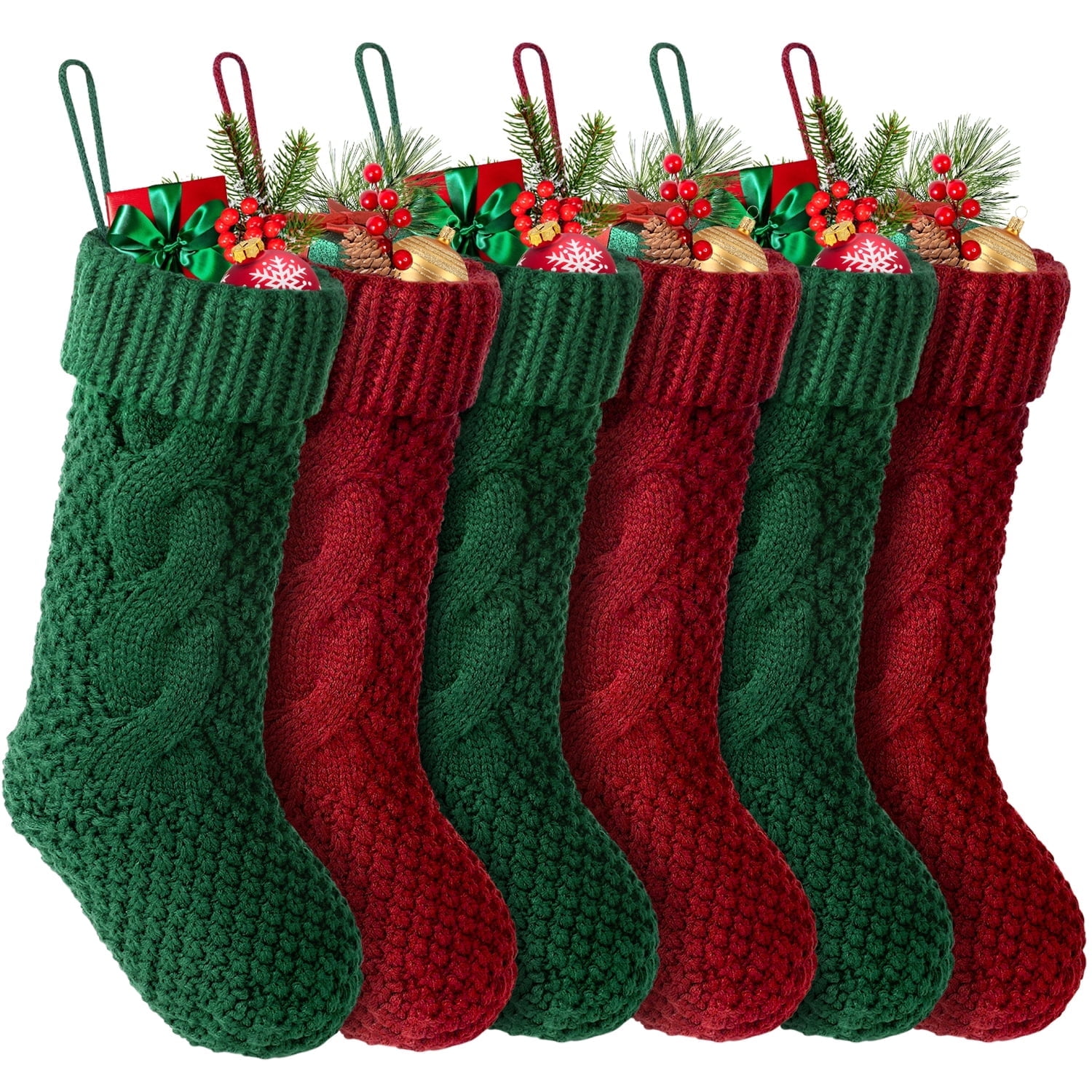 Set of 6 Knitted Christmas Stockings in Burgundy, Ivory, and Green