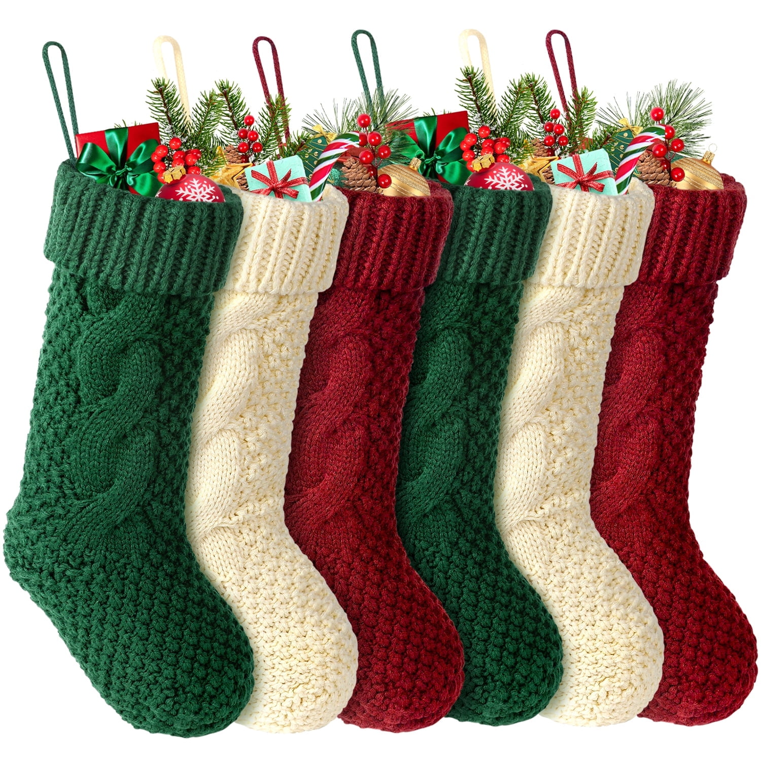 Set of 6 Knitted Christmas Stockings in Burgundy, Ivory, and Green