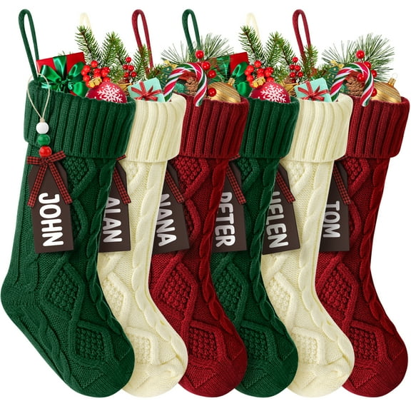 Ayieyill 6 Pcs Christmas Stockings Personalized, 18 inches Large Cable Knitted Christmas Stockings with Names Tags, Christmas Decoration