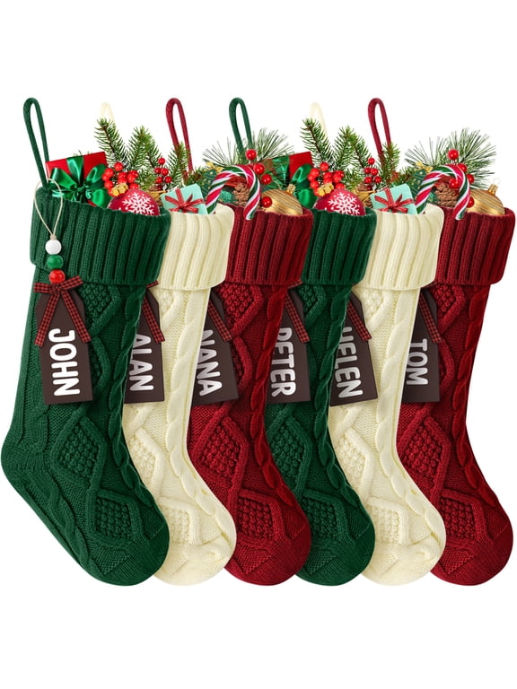 6 Pcs Christmas Stockings Personalized, 18 inches Large Cable Knitted Christmas Stockings with Names Tags, Christmas Decoration
