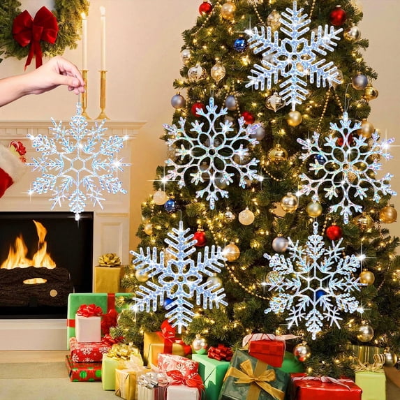 Ayieyill 6 Pieces Large Snowflakes Ornaments 12'' Glittered Snowflakes Decorations Christmas Hanging Snowflake Decorations for Winter Christmas Tree Decorations Craft Snowflakes (Iridescent)