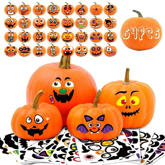 Ayieyill 64 Packs Halloween Stickers Pumpkin Decorating Stickers for Children , 32 Sheet Small Pumpkin Face Stickers for Halloween Party Supplies Trick or Treat Party Favors