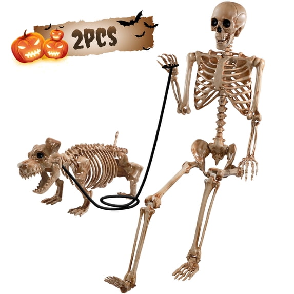 Ayieyill 5.4FT Skeleton and Dog Skeleton Halloween Decorations Outdoor Indoor, 2Pcs Posable Skeleton Walking Dog for Halloween Decor
