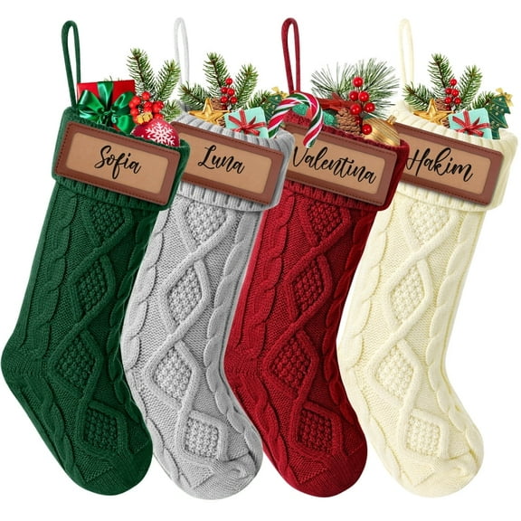 Ayieyill 4Pack Christmas Stockings, 18" Large Knitted Stocking Personalized Xmas Hanging Stocking Decorations with Name Leather Patches for Holiday Christmas Party Family Decor (Green Red Grey)