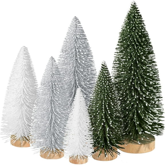Ayieyill 6Pcs Artificial Mini Christmas Tree Sisal Snow Trees Bottle Brush Christmas Trees Pine Trees Ornaments Set of Small Xmas Trees with Wooden Base for Christmas Party Decoration (4 Sizes)