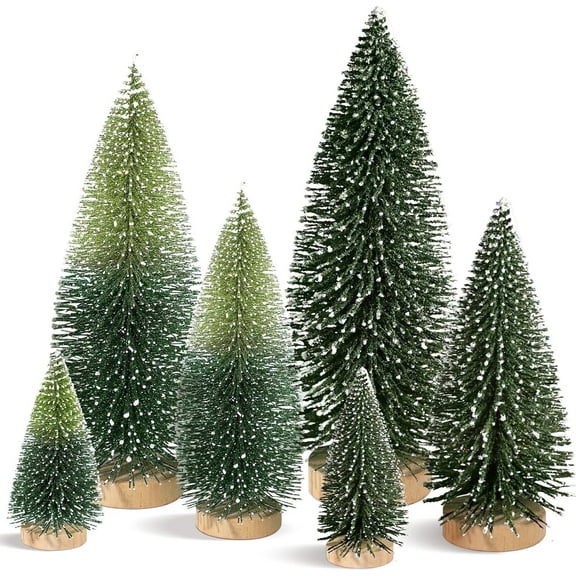 Ayieyill 6Pcs Artificial Mini Christmas Tree Sisal Snow Trees Bottle Brush Christmas Trees Pine Trees Ornaments with Wooden Base for Christmas Party Decoration((Green, Double Colors))