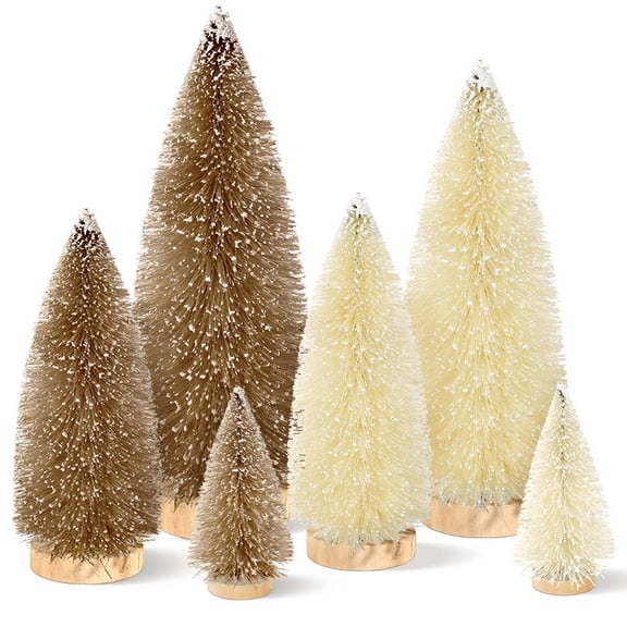 Ayieyill 6Pcs Artificial Mini Christmas Tree Sisal Snow Trees Bottle Brush Christmas Trees Pine Trees Ornaments with Wooden Base for Christmas Party Decoration（Khaki）