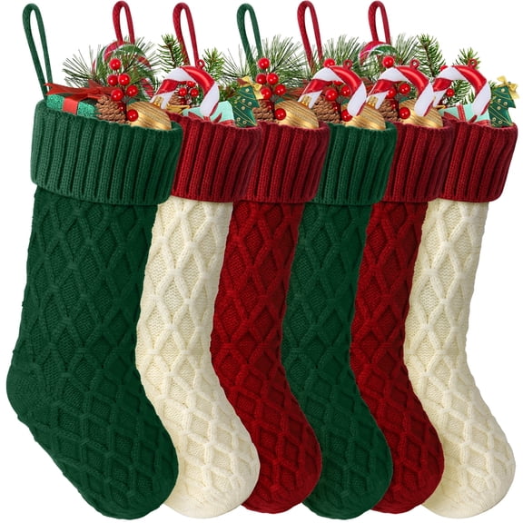 Ayieyill 6Pcs Christmas Stockings, Large Xmas Stockings Double-Sided 18 Inches Fireplace Stockings for Family Christmas Decorations (Red,White,Green)