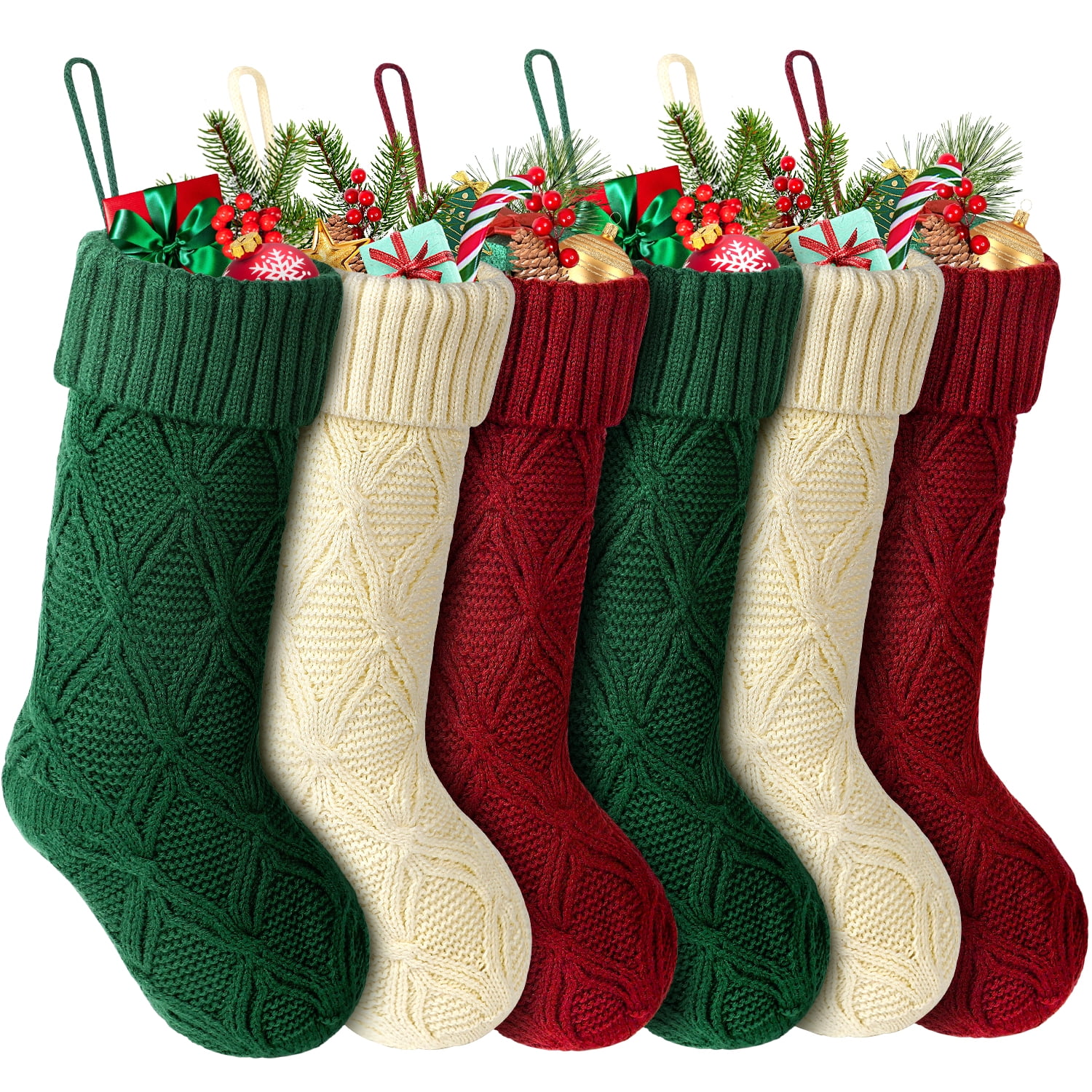 Set of 6 Knitted Christmas Stockings in Burgundy, Ivory, and Green