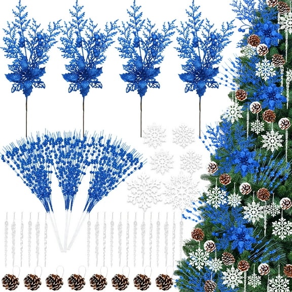 Ayieyill 84Pcs Christmas Tree Decorations Flowers, Artificial Glitter Berry Stems Christmas Pine Cones, Snowflake Icicle Drop Crystal Ornaments (Blue)