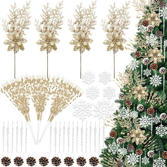 Ayieyill 84Pcs Christmas Tree Decorations Flowers, Artificial Glitter Berry Stems Christmas Pine Cones, Snowflake Icicle Drop Crystal Ornaments (Champaign Gold)