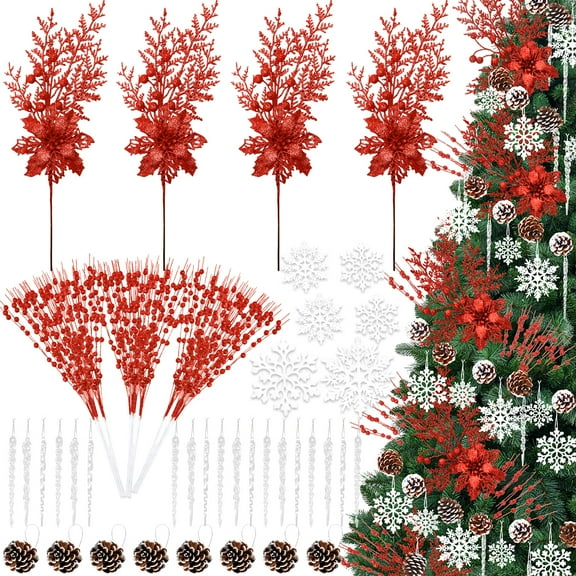 Ayieyill 84Pcs Christmas Tree Decorations Flowers, Artificial Glitter Berry Stems Christmas Pine Cones, Snowflake Icicle Drop Crystal Ornaments (Red)