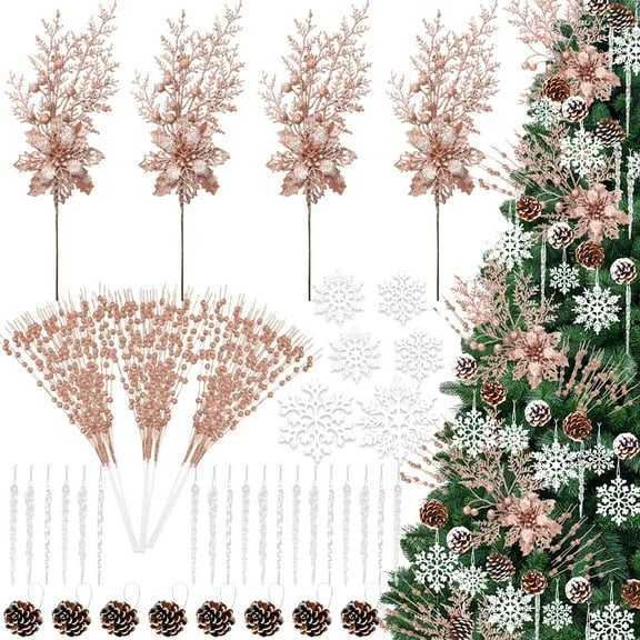 Ayieyill 84Pcs Christmas Tree Decorations Flowers, Artificial Glitter Berry Stems Christmas Pine Cones, Snowflake Icicle Drop Crystal Ornaments (Rose Gold)