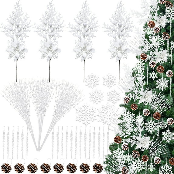 Ayieyill 84Pcs Christmas Tree Decorations Flowers, Artificial Glitter Berry Stems Christmas Pine Cones, Snowflake Icicle Drop Crystal Ornaments (White)