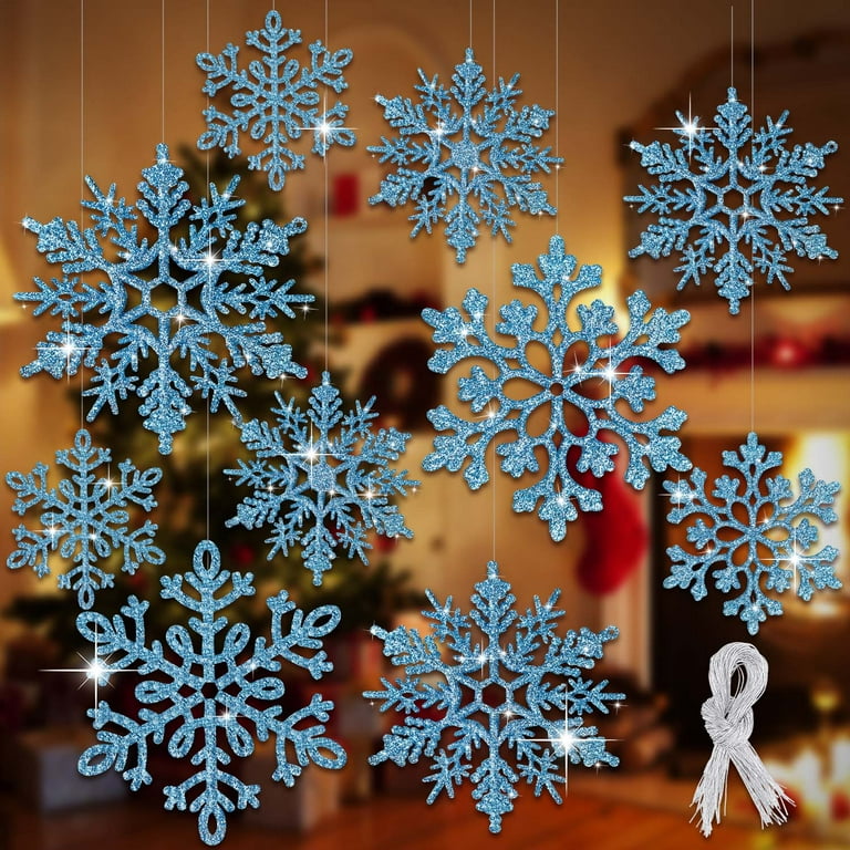 Whaline 48Pcs Christmas Snowflake Hanging Ornaments Glitter Assorted Blue  Silver Winter Snow Flake Christmas Tree Decor Xmas Plastic Snowflakes for