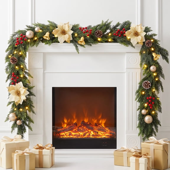 Ayieyill Christmas Garland, 9ft Pre‑Lit Christmas Pine Garland with Lights and Timer, Diy Assemble for Indoor Christmas Decorations