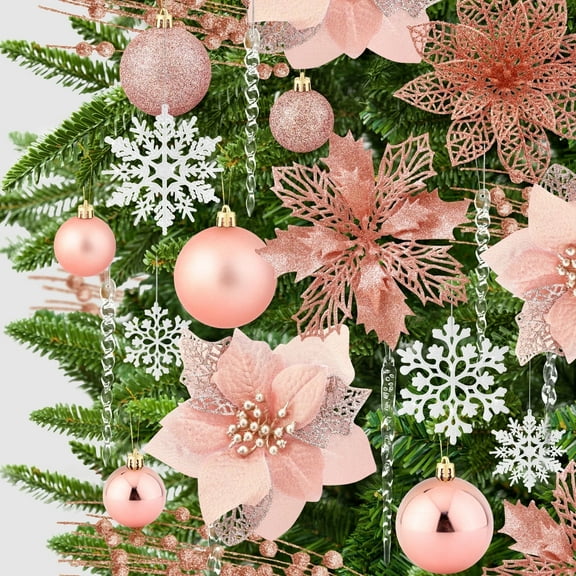 Ayieyill 92Pcs Christmas Tree Decorations Includes Poinsettia Christmas Flowers, Ball Ornaments, Artificial Glitter Berry Stems, Snowflake and Icicle Drop Crystal Ornaments | Rose Glod