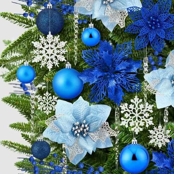 Ayieyill 92Pcs Christmas Tree Ornaments includes Poinsettia Christmas Flowers, Ball Ornaments, Artificial Glitter Berry Stems, Snowflake and Icicle Drop Crystal Ornaments | Blue