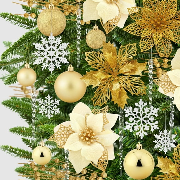 Ayieyill 92Pcs Christmas Tree Ornaments Includes Poinsettia Christmas Flowers, Ball Ornaments, Artificial Glitter Berry Stems, Snowflake and Icicle Drop Crystal Ornaments | Gold