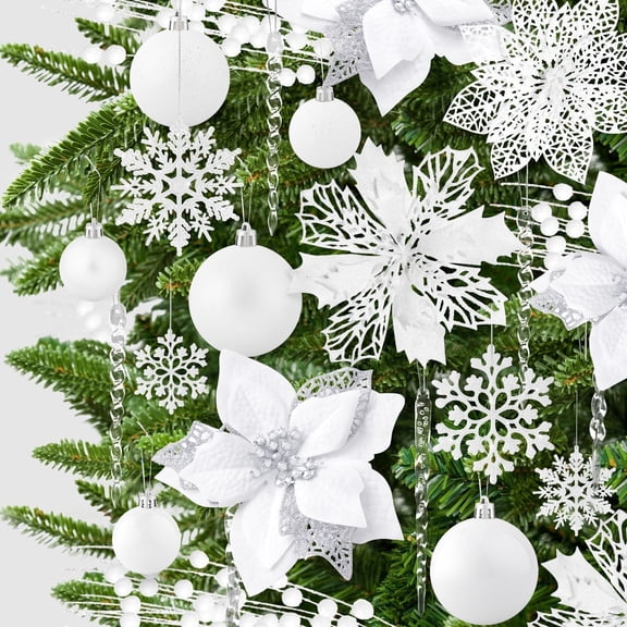 Ayieyill 92Pcs Christmas Tree Ornaments includes Poinsettia Christmas Flowers, Ball Ornaments, Artificial Glitter Berry Stems, Snowflake and Icicle Drop Crystal Ornaments | White