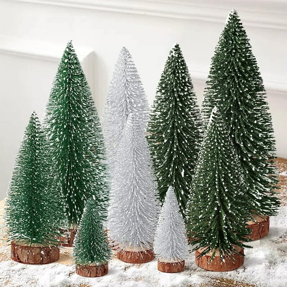 Ayieyill 9Pcs Mini Christmas Trees Christmas Decor Artificial Christmas Decorations with 4 Sizes, Christmas Tree Bottle Brush Trees Christmas Table Decorations (Green Silver)