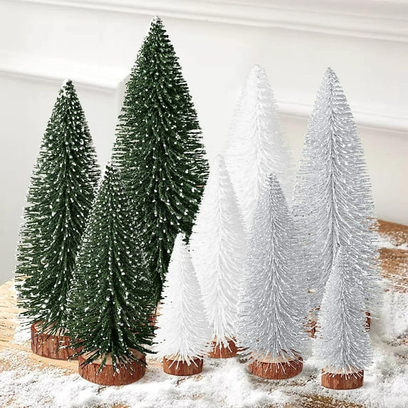 Ayieyill 9Pcs Mini Christmas Trees Christmas Decor Artificial Christmas Decorations with 4 Sizes, Christmas Tree Bottle Brush Trees Christmas Table Decorations (Green Silver White)