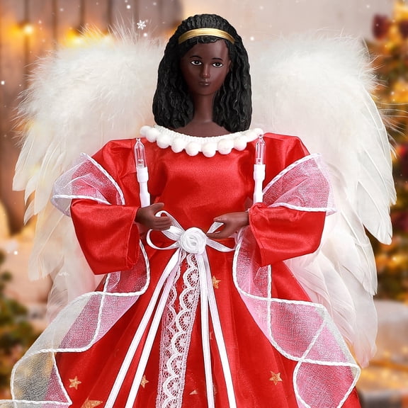 Ayieyill Angel Treetop, 12-Inch, Christmas Angel Tree Topper, Lighted Angel Tree Topper White -Christmas Tree Topper Decoration Ornament (Red)