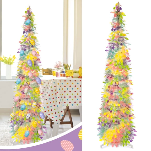 Ayieyill 5ft Easter Tree Decorations, Tinsel Easter Trees Pop up Artificial Pencil Trees, Collapsible Easter Christmas Trees for Easter Party Decorations (Eggs Not included)