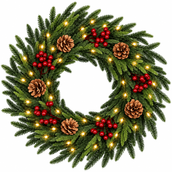 Ayieyill 24 Inch Pre-Lit Norfolk Pine Artificial Christmas Wreath, Green Wreath for Front Door, Indoor Outdoor Holiday Decorations