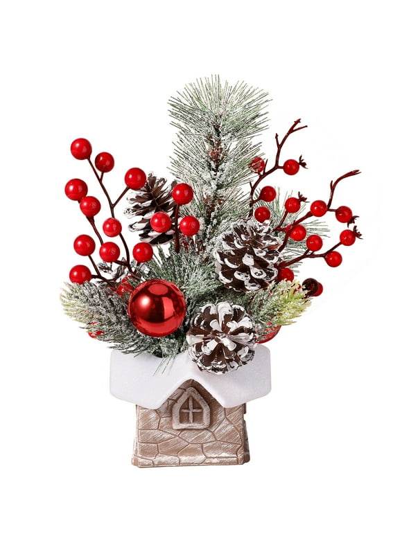 Ayieyill Artificial Mini Tabletop Christmas Tree Decorations with Christmas Ornaments, Small Christmas Tree for Home Party Thankgivings Christmas Decor Indoor, Red