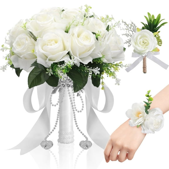 Ayieyill 12 inch Wedding Bouquets for Bride and Bridesmaids, Tossing Artificial Flower Bouquets for Wedding, Wedding Decorations, White