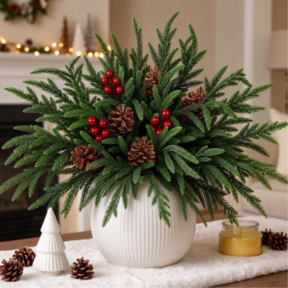 Ayieyill 46pcs Artificial Pine Branches, 18 Inch Christmas Greenery Stems with Red Berries & Pine Cones, Norfolk Pine Branches for Vase DIY Christmas Decorations Indoor Home Decor